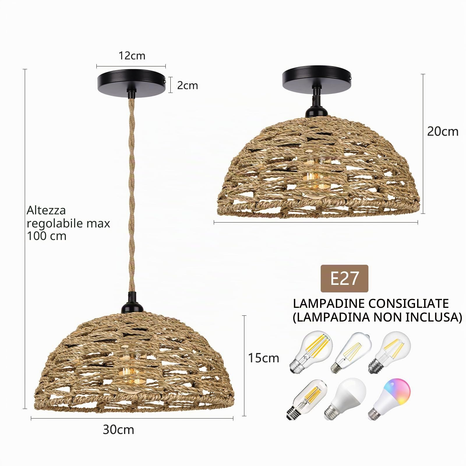 Lampada a Sospensione Industriale Vintage Paralume in rattan Lampadario rustico Illuminazione Interna E27 Lampada da soffitto per Soggiorno Camera da letto Sala da pranzo, Ø30cm