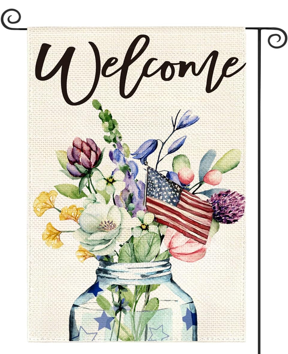 DECEED Gartenflagge 4. Juli 30x45 Cm Doppelseitig - Patriotische Einmachglas-Blumenflagge Für Feiertage