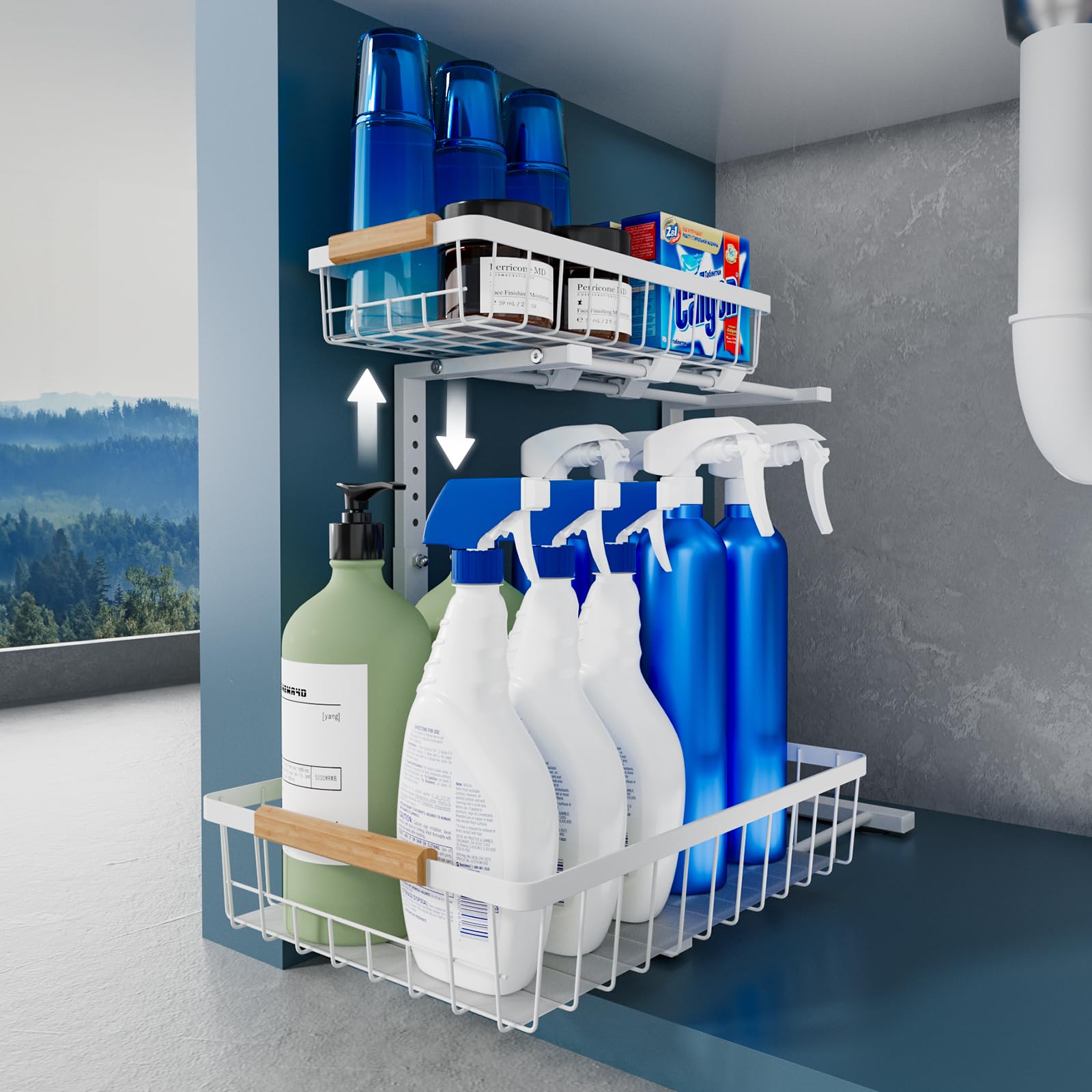 VERIFOST Metal Under Sink Organizers and Storage, 2 Tier Under Sink Organizer Pull Out, Adjustable Under Kitchen Sink Organizer, Sliding Cabinet Organizer for Bathroom, White