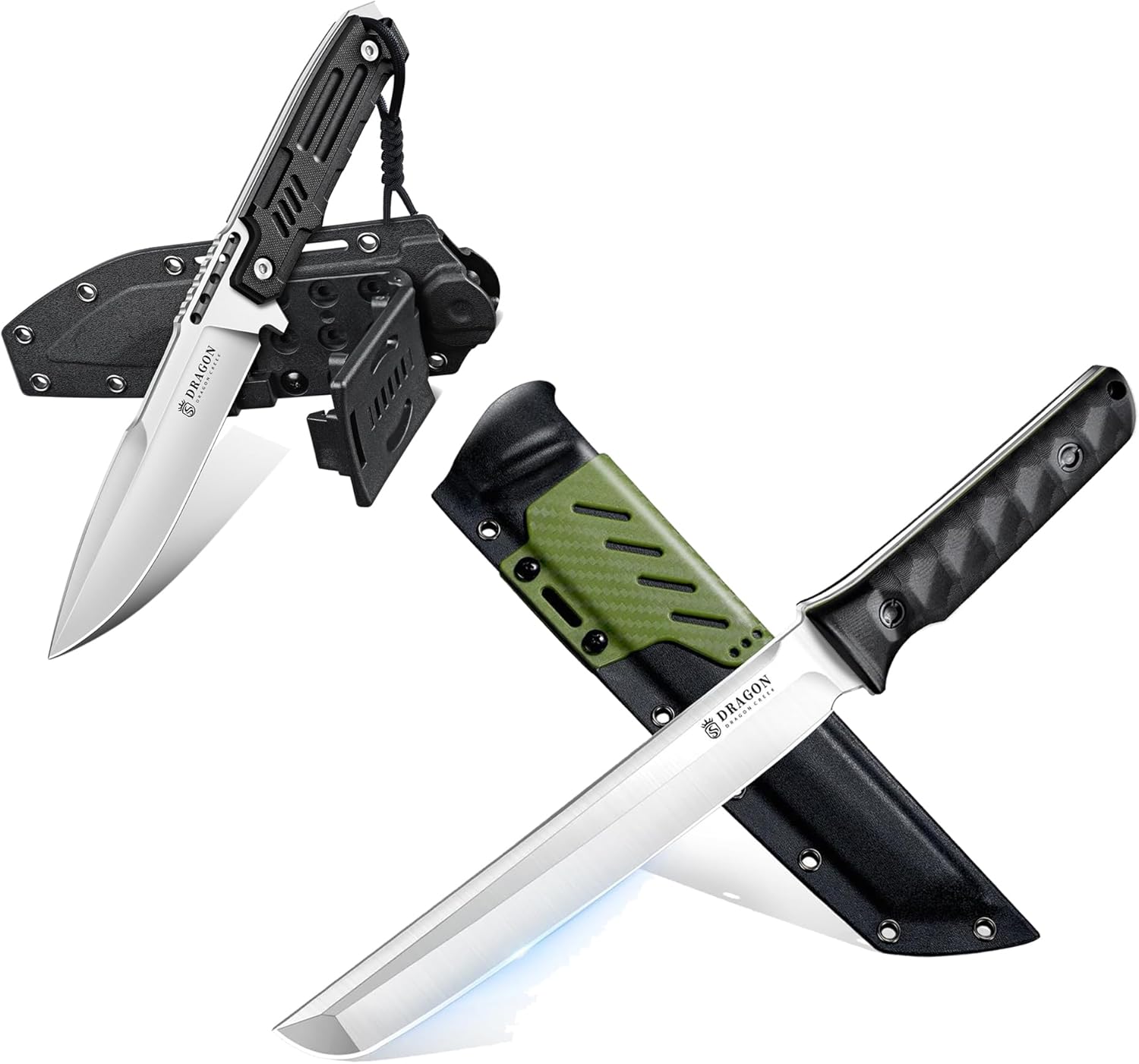 Dragon Creek Outdoor Knife - Silver Fixed Blade Knife with Green Outdoor Survival Knife with Sheath for Camping Hiking Gift Men