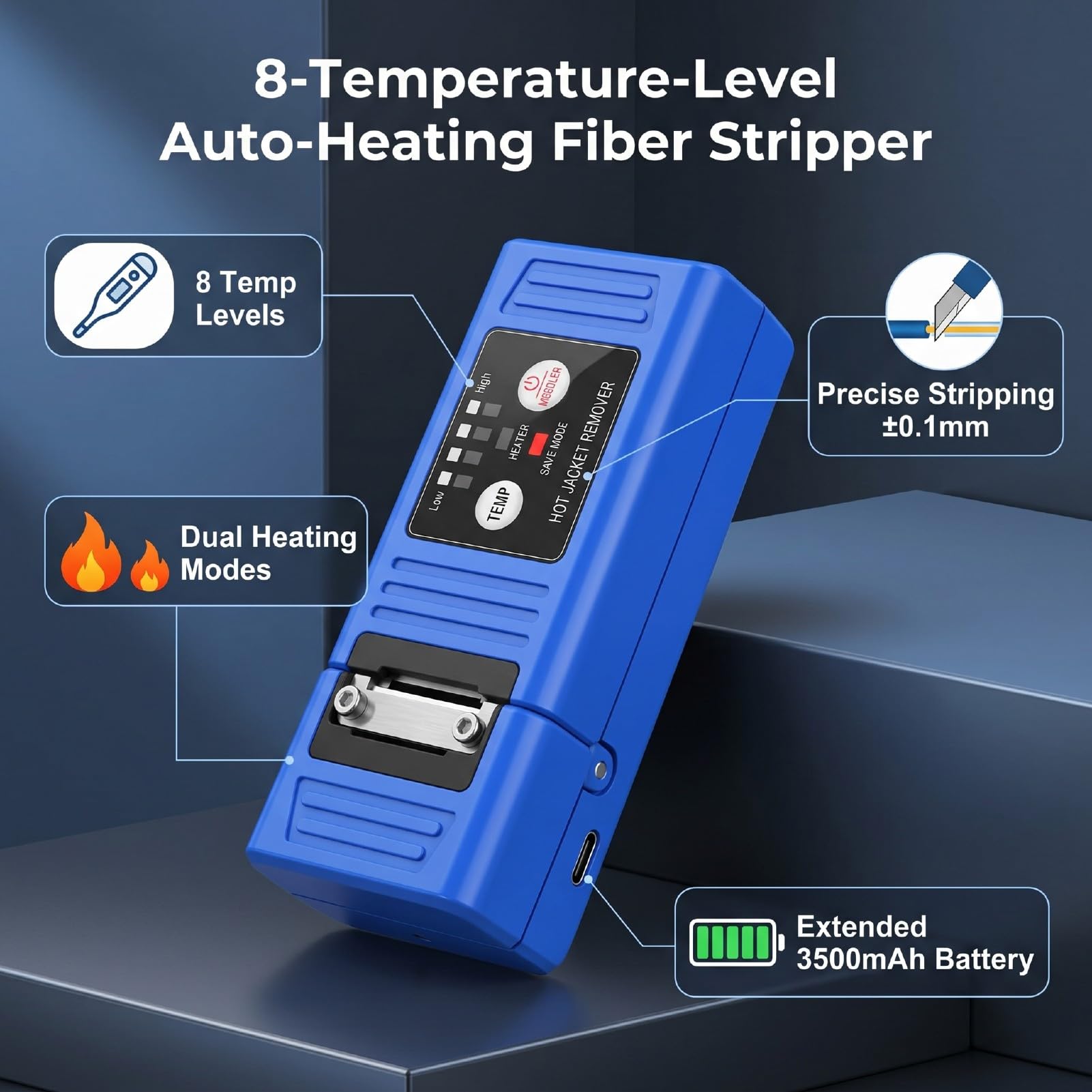 Zunate Pelacables Térmicos de Fibra óptica, 8 Niveles de Temperatura, Herramienta de Pelado de Fibra óptica con Calentamiento Automático con Clip de Limpieza para 1-48 Núcleos, Fibras de 125 μm,