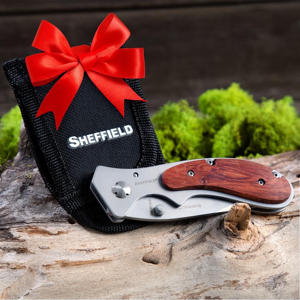 Sheffield 12705 Folding Pocket Knife, EDC Knife with Hardwood Handle, Ambidextrous Thumb Stud, Pocket Clip, Nylon Pouch, Dad Gifts, Men Gifts, EDC Gear