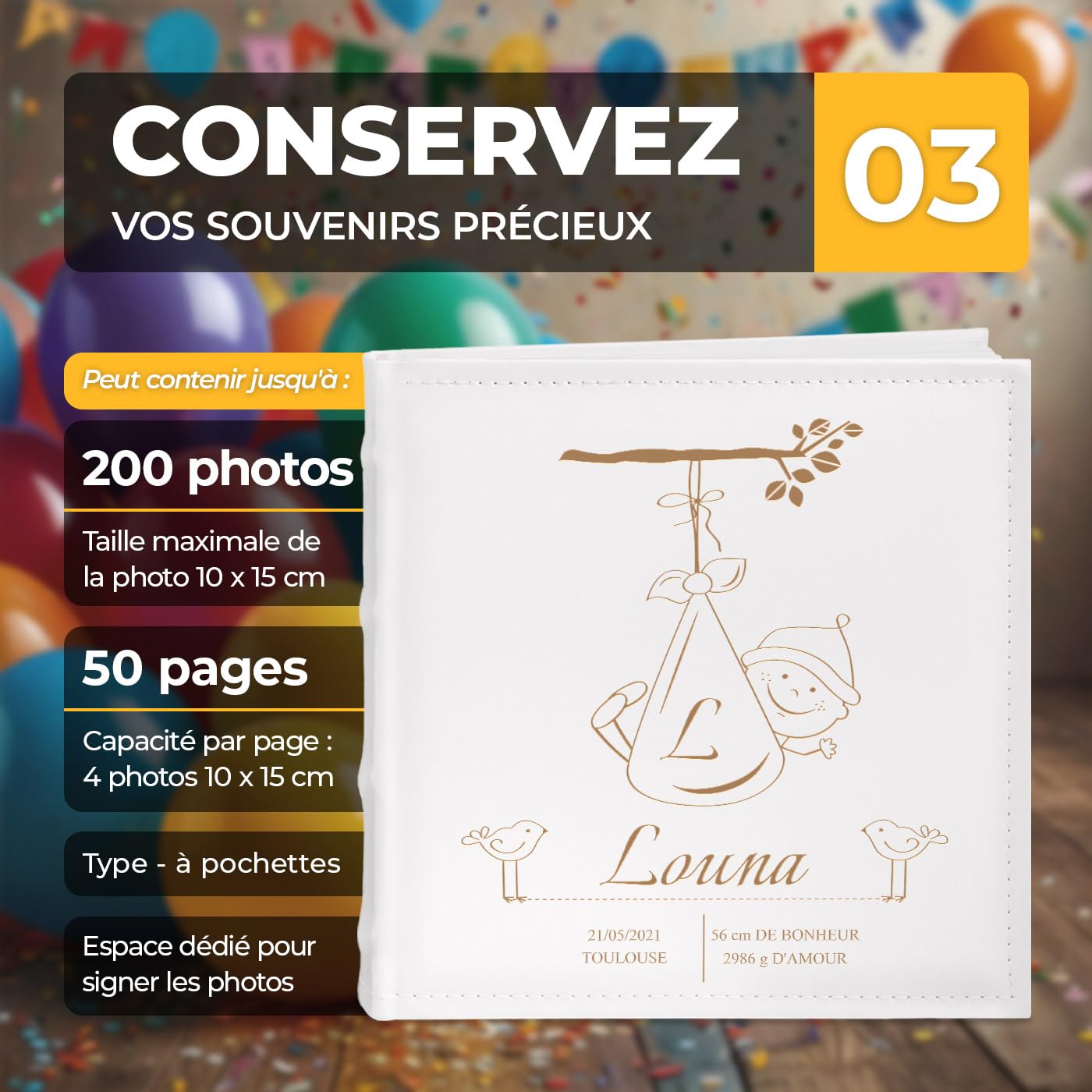 Maverton Album Photo à Personnaliser avec Couverture Gravée - Livre Photo à Pochettes - Cadeau personnalisé pour Enfants - Cadeau Naissance - Album photo 10x15 gravé livre bebe 1 an - naissance