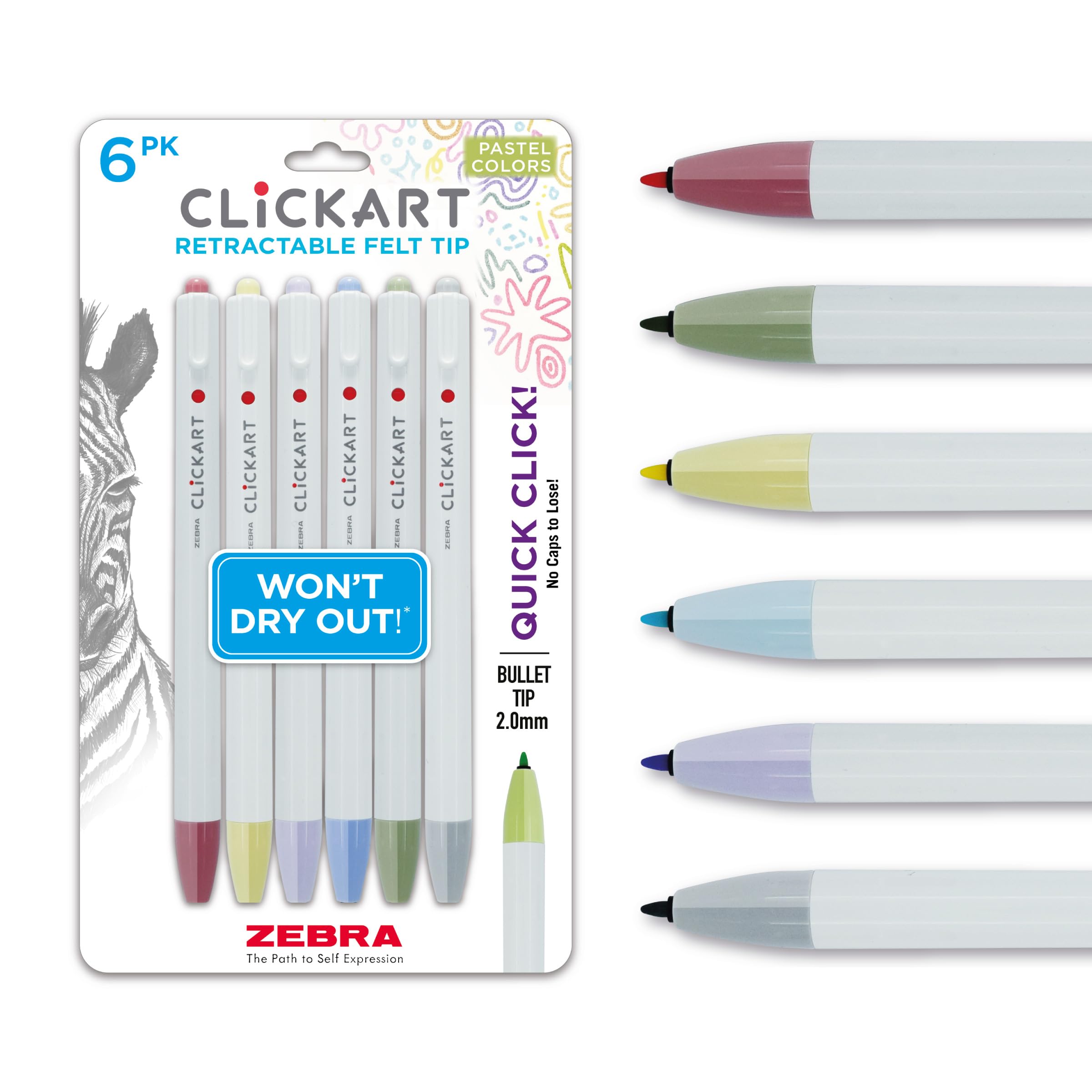 Zebra Pen CLiCKART Felt Tip Pen, Assorted Pastel Ink, 0.6mm, 6-Pack