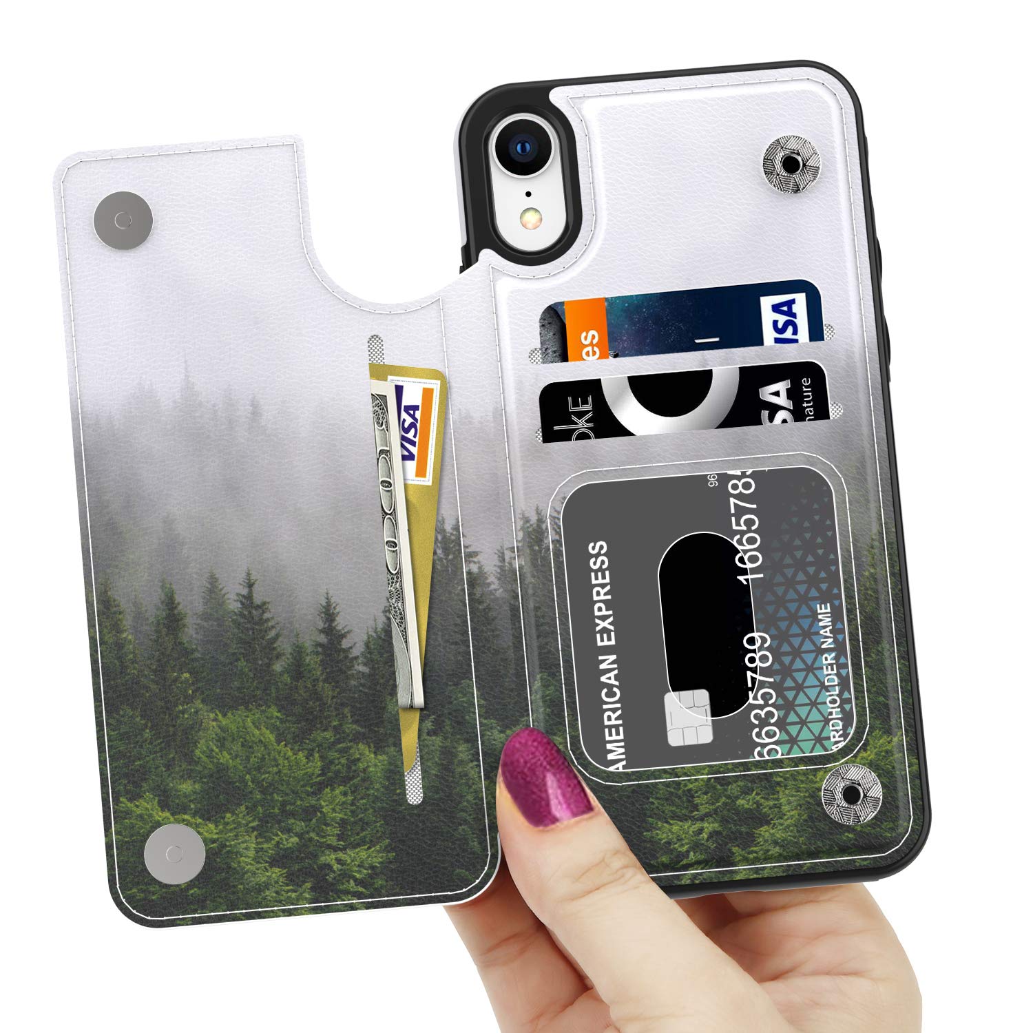 LETO for iPhone XR Case,Leather Wallet Case with Fashionable Designs for Girls Women,Flip Folio Cover with Card Slots Kickstand,Protective Phone Shell Fog and Trees