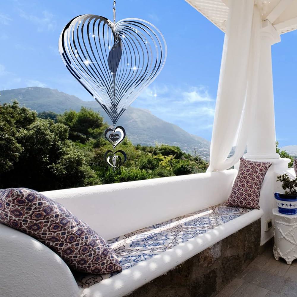 Campanello Eolico A Cuore In Acciaio - Decorazione Da Giardino, 20x15 Cm, Argento, Design Rotante