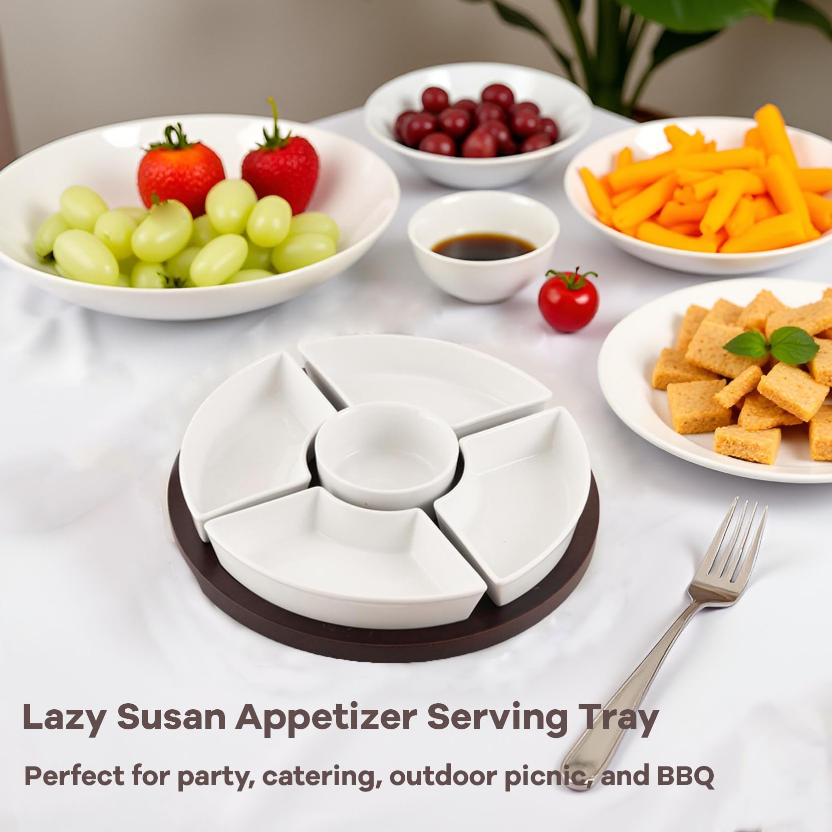 Obrotowy drewniany zestaw do serwowania frytek i dipów 360° Lazy Susan ze zdejmowanymi porcelanowymi miseczkami - idealny na imprezy, przekąski, chipsy i owoce