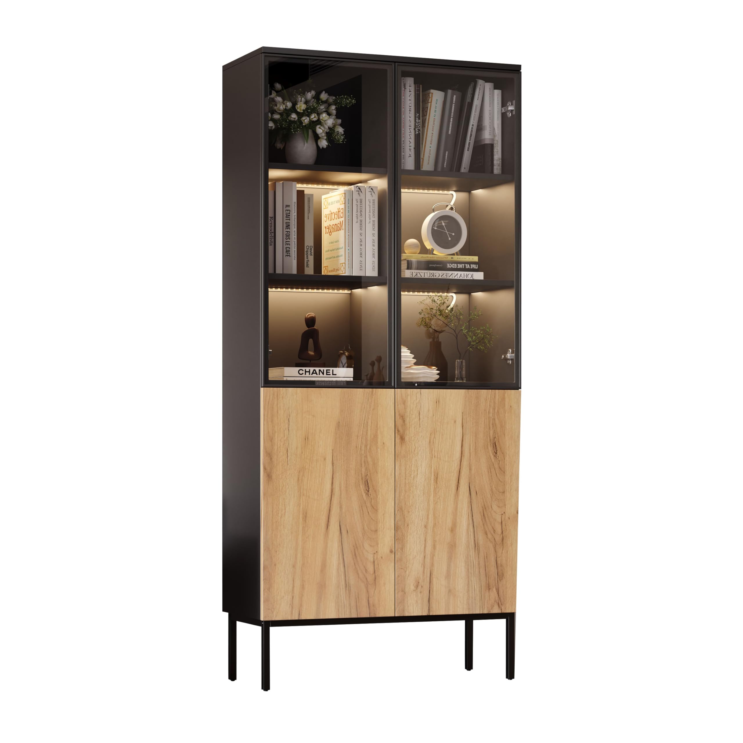 OKMYHOME Vitrina de salón con 5 estantes de cristal y LED integrados, madera negra y roble, marco de aluminio y estructura metálica, 74 x 31 x 180 cm