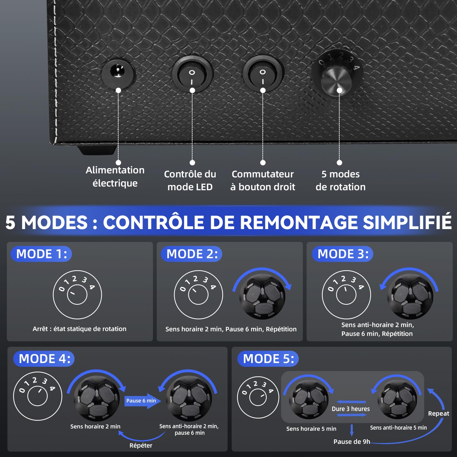 Hightall Remontoir Automatique pour 6 ou 12 Montres avec Moteur Ultra-Silencieux (<5dB)