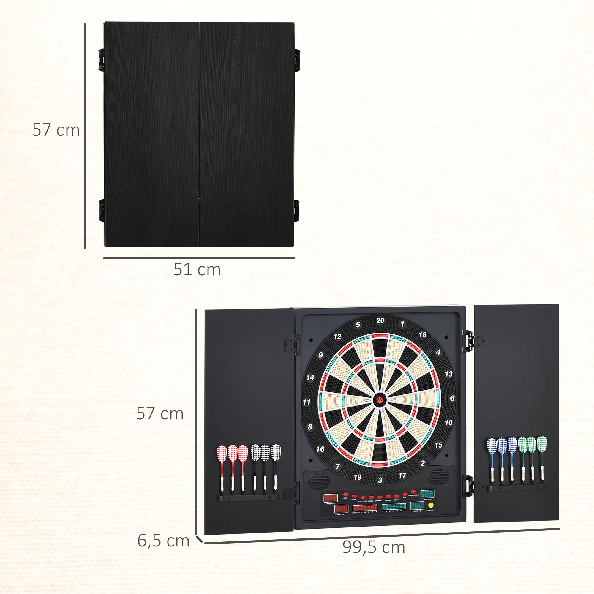 HOMCOM Diana Electrónica Digital hasta 8 Jugadores con 12 Dardos y 30 Puntas con Pantalla LED Puertas 27 Juegos Distintos y 202 Variantes 51x6,5x57 cm Negro