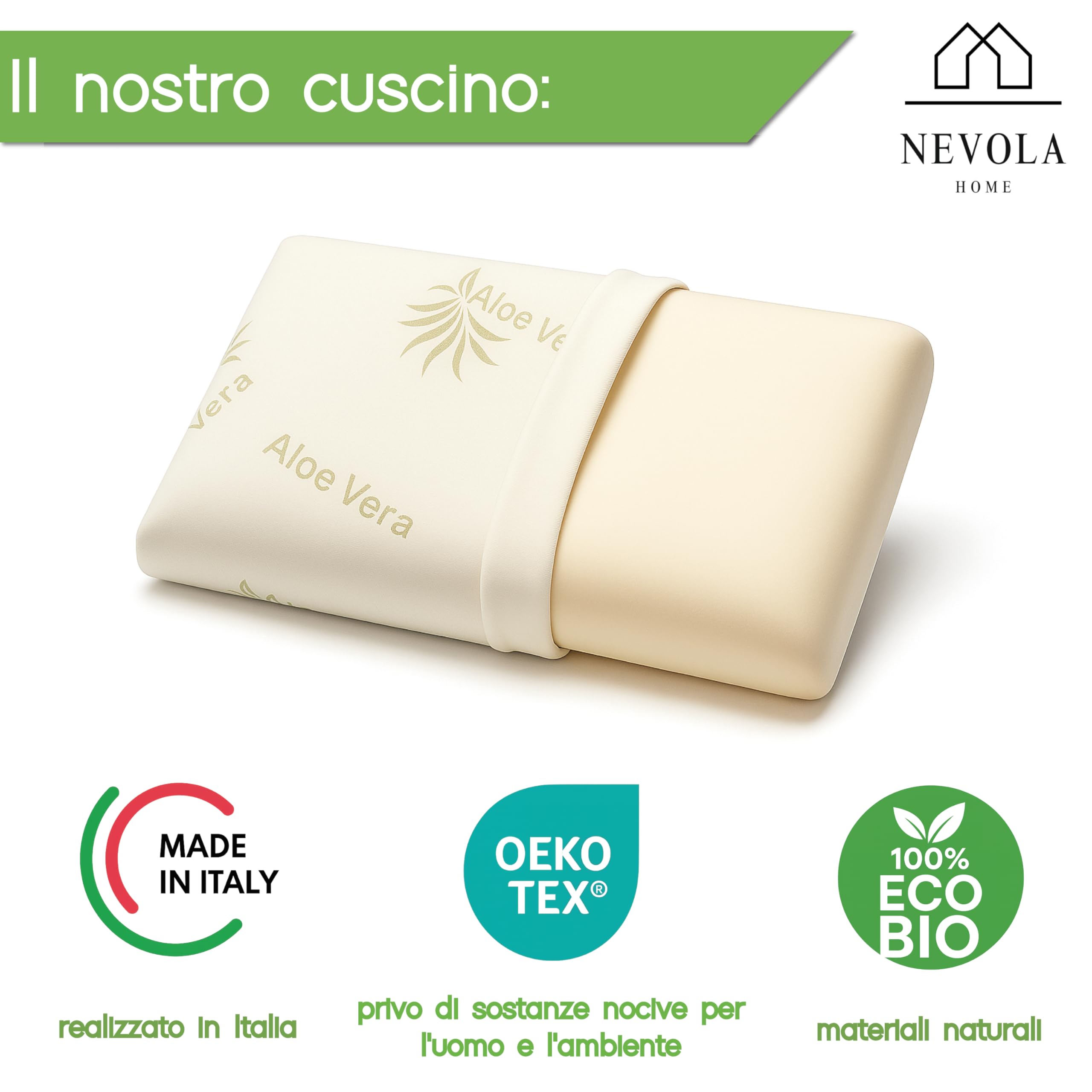 NEVOLA Cuscino Memory Foam Cervicale a Saponetta alto 11 cm - Cuscino per Dormire con Federa Lenitiva in Aloe Vera Rimovibile - Guanciale letto Made in Italy Antibatterico Certificato Oeko Tex