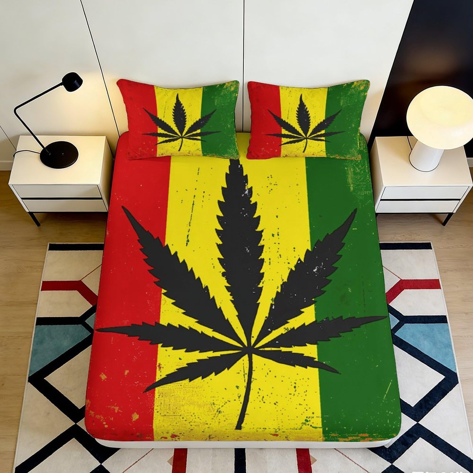 3D Printed Reggae Leaf Fitted Sheet Microfiber Soft Breathable Rasta Colors Bed Cover for Bedroom Dorm Decor 90x200x25cm