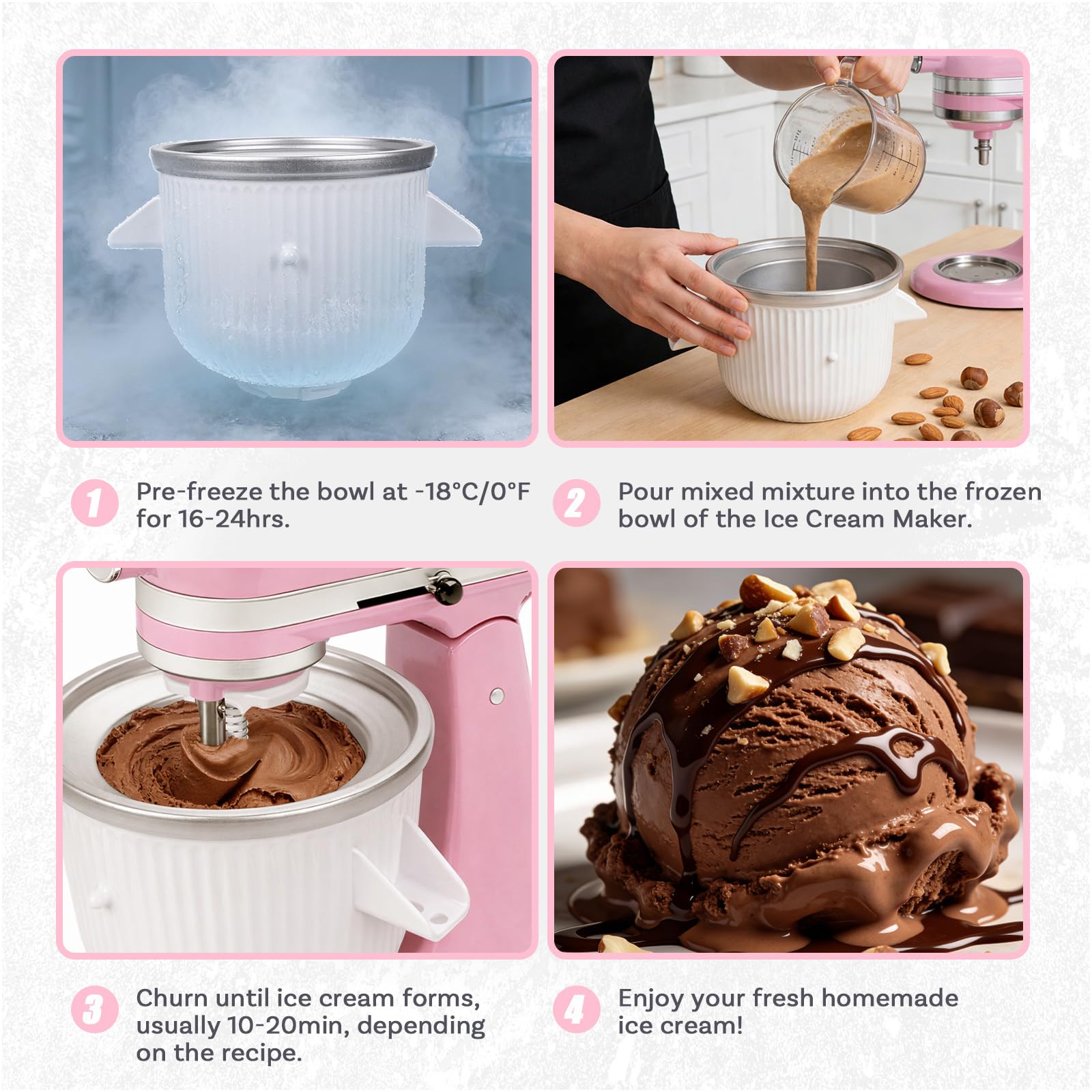 Przystawka do Maszyny do Lodów do KitchenAid Miksera Stojącego – Do Modelami 4.5QT, 5QT i 6QT Tilt-Head oraz Bowl-Lift – Miska – 1.9L do Mrożonych Desserów, Sorbetu, Gelato i Mrożonego Jogurtu