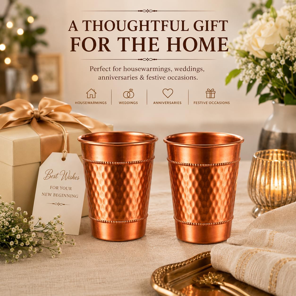Hammered Pure Copper Water Drinking Glasses Set of 2 Large 13 Oz
