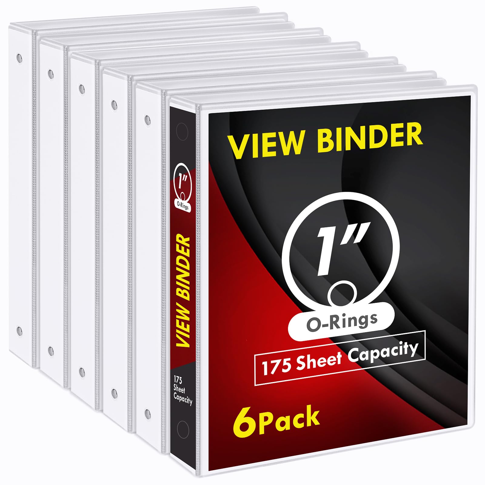 1 Inch Binders 3 Ring, 6 Pack White Clear View Cover 3 Ring Binders for School, 1'' Basic Binders with 2 Interior Pockets, Heavy Duty Three Round Ring Binder, Notebook Binder for Office, Home Supplies
