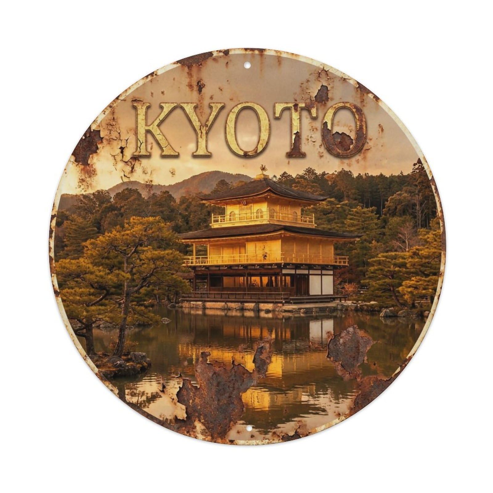 Vintage Travel Kyoto Japan Golden Vintage Metal Tin Sign Plaque Wall Decor for Cafe, Club Bar, Office, Garden Metal Poster 8x8Inch