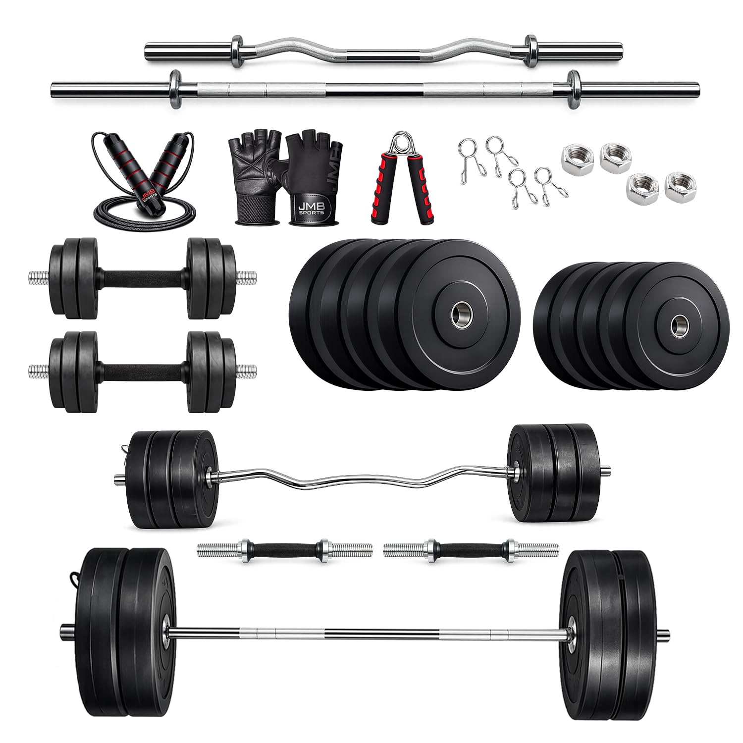 JMB Rubber Home Gym Set with Accessories – 5Ft Straight Barbell Rod, 3Ft Curl Bar, Dumbbell Rods & Rubber Coated Weight Plates Combo | Adjustable Strength Training Equipment Kit (20kg)-image-26