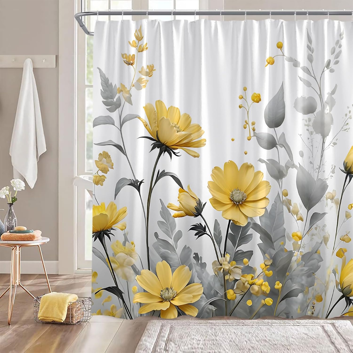 Sunhe Yellow Flower Shower Curtain Rustic Farmhouse Watercolor Yellow Floral Gray Leaves Modern Romantic Nature Plant Vintage 108" Wx70 H Bathroom Decor Curtain with Hooks