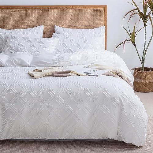 JELLYMONI Juego de funda de edredón blanco brillante, talla Queen, 3 piezas, microfibra, estilo capitoné, texturado, bohemio, patrón geométrico de
