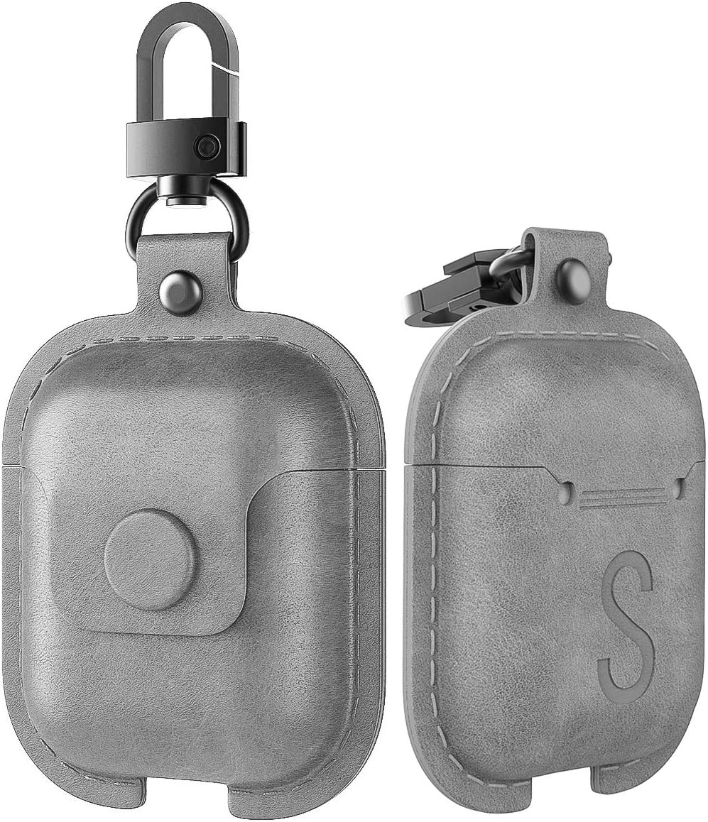 MoKo Case Fit AirPods 1/AirPods 2, Premium PU Leather Vintage Style Snap Closure Protective Cover Carrying Pouch Pocket with Keychain for AirPods 1 & AirPods 2 Earphones Charging Case - Gray