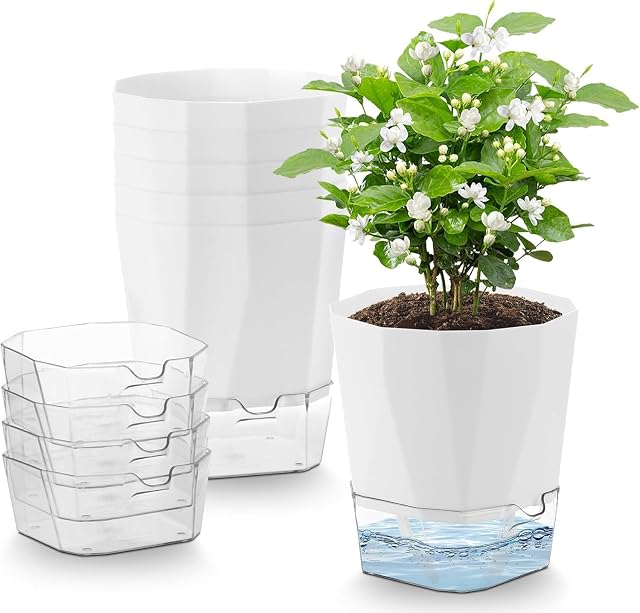 6 Emballage Pots d'auto-arrosage à l'intérieur, 5 Pots de plantes inch, pot de fleurs en plastique blanc, pot d'eau libre pot de fleur en plastique avec trous de drainage et réservoir amovible (12.5CM)