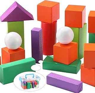 22 Pieces Large 3D Shapes for Teaching Geometric Blocks Colorful Shapes Wooden Geometry Wood Blocks with Transparent Plastic Storage Box for Classroom School Teacher Math Game
