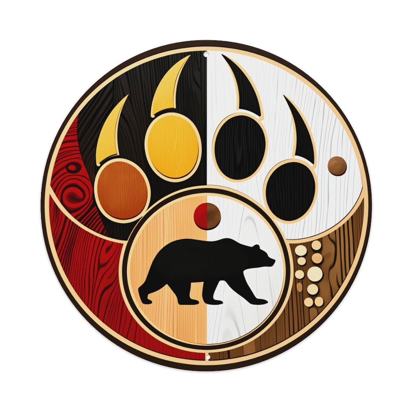 Bear Paw Wood Grain Pattern Round Tin Sign Vintage Metal Poster, Home Bar Garage Man Cave Cafe Indoor & Outdoor Wall Decoration 8x8Inches