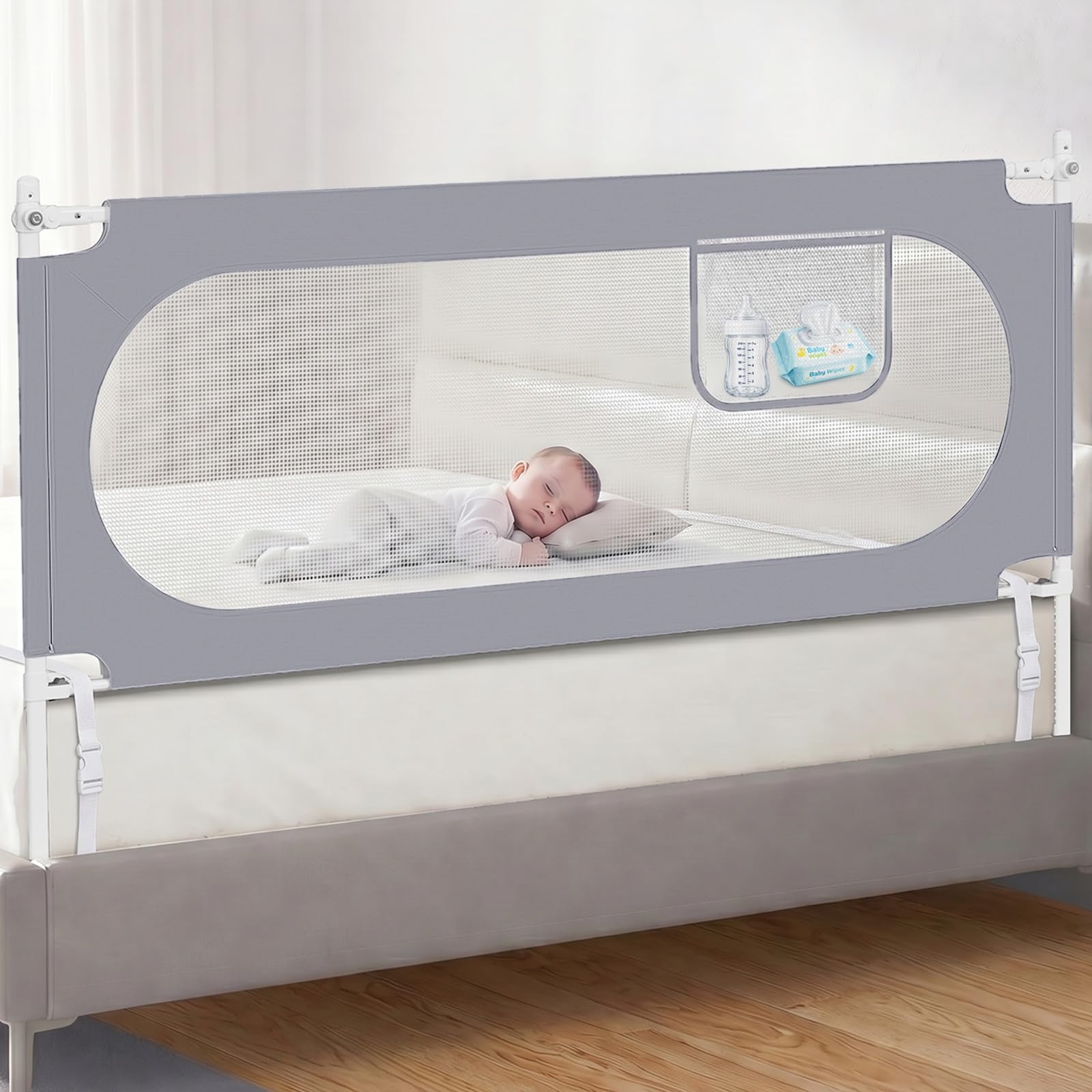 KUQAZ Rausfallschutz Bett 180cm, Höhenverstellbar Bettgitter Rausfallschutz | Perfekt für Boxspringbett & viele Bettarten, 2 Sicherheitsgurte für festen, 30-Stufige Höhenverstellung