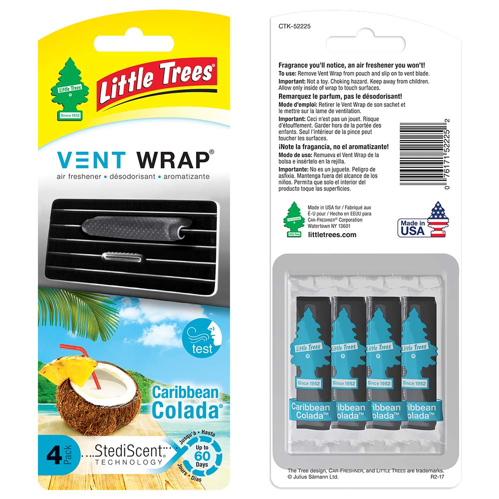 LITTLE TREES Car Air Freshener Vent Wrap Provides Long-Lasting Scent, Invisibly Fresh. Caribbean Colada, 16 count, 4-Packs