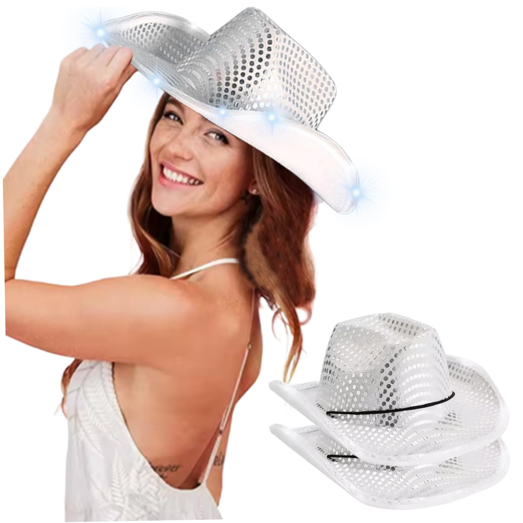 2 cappelli da cowboy con paillettes, cappello da cowboy con luci a LED scintillanti, stile occidentale, discoteca, per carnevale, feste a tema, spettacoli di danza