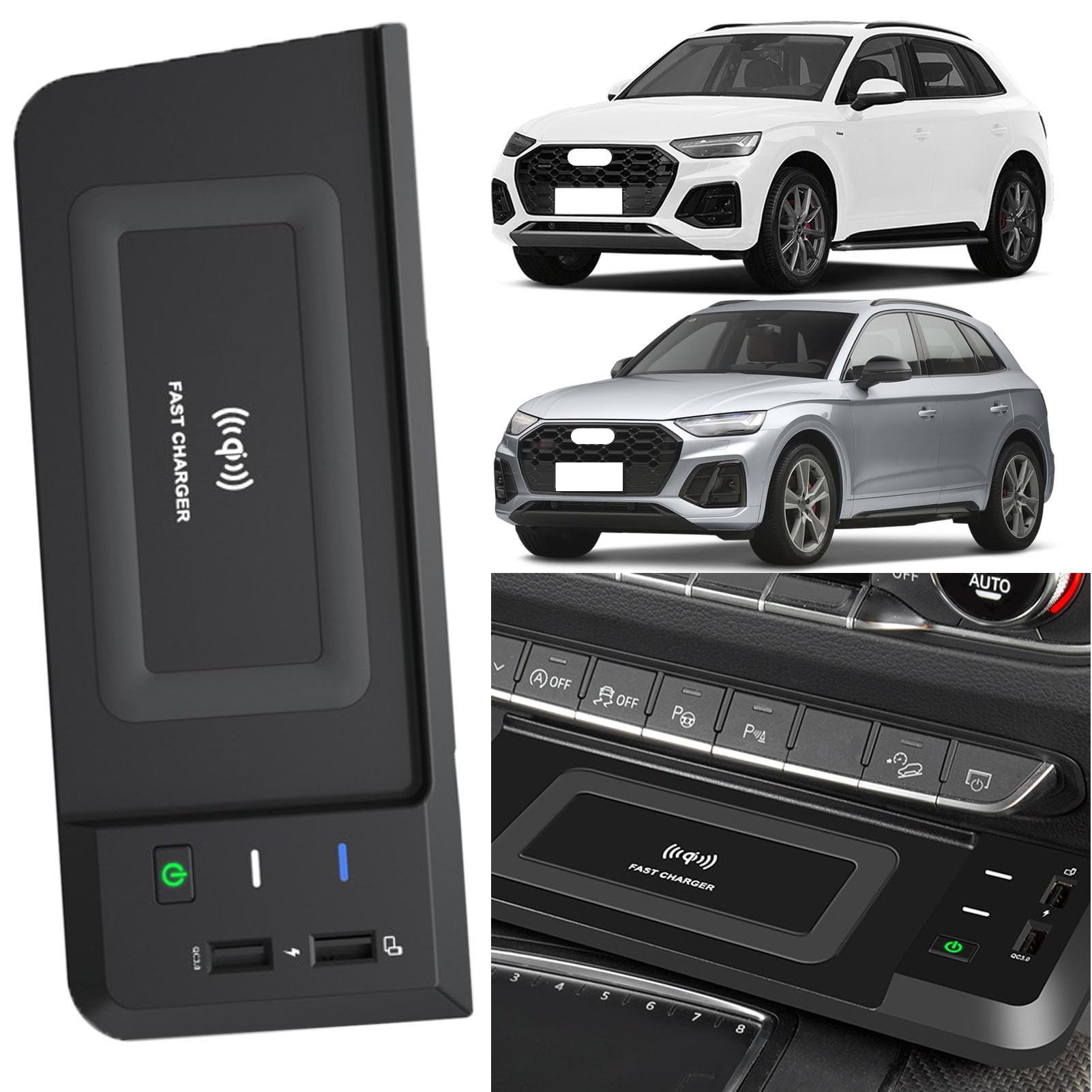 Caricabatterie Wireless per Auto per Q5/Sq5 Tutti i Modelli Accessorio con 15 W Wireless e USB Qc3.0 Ricarica Rapida Regalo per la Famiglia
