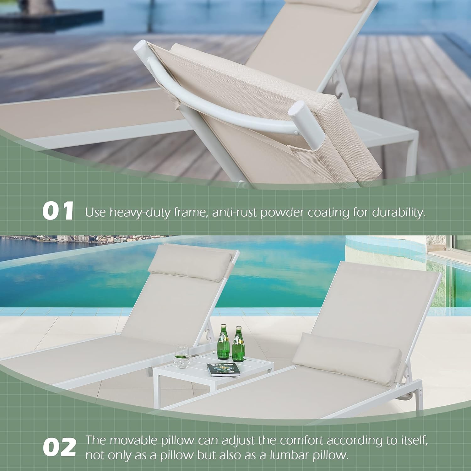 2 PCS Patio Full Flat Chaise Lounges Outdoor Steel Recliner Lounge Chairs with Four-Position Adjustable Backrest, Beige
