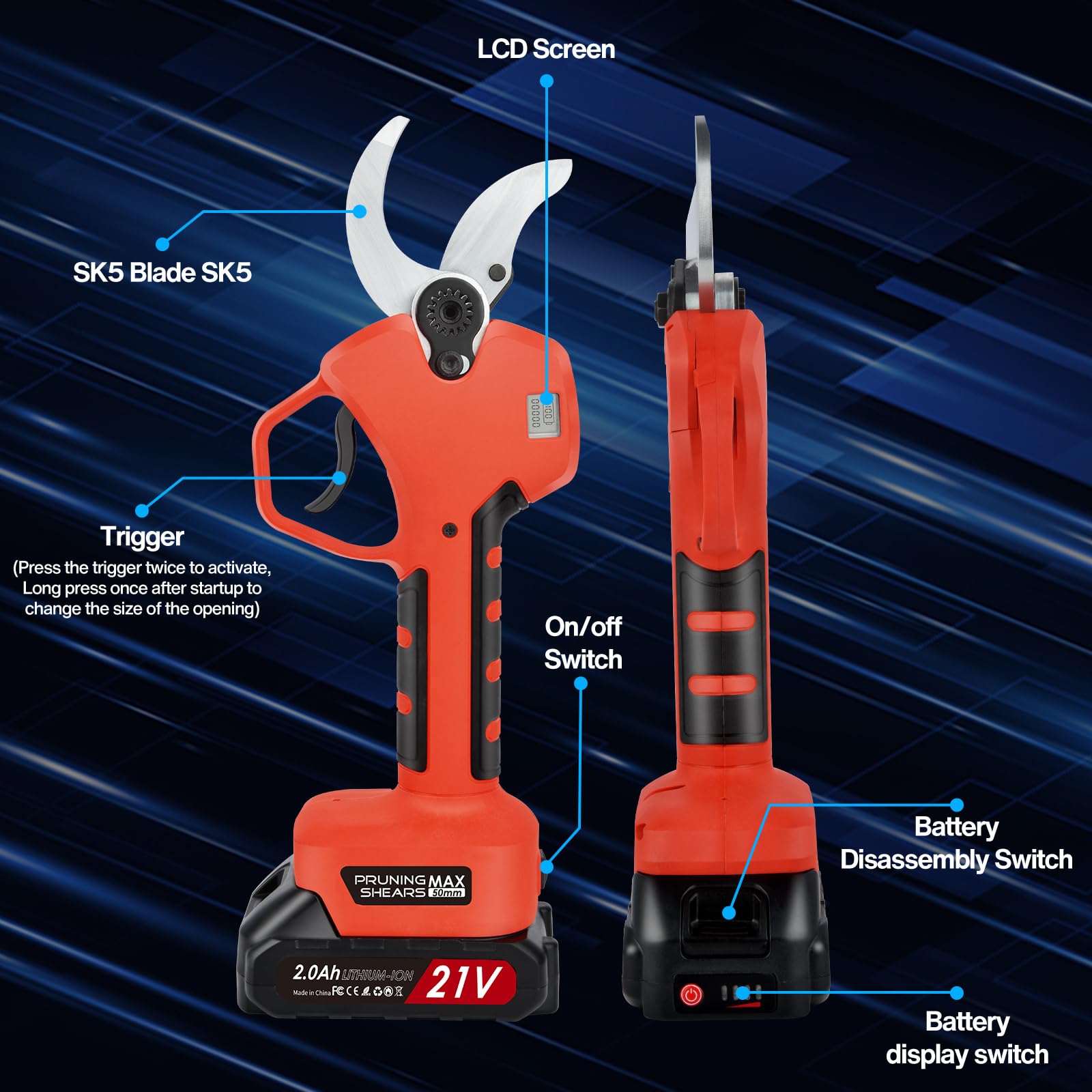 Secateur Electrique Sans Fil avec 2 Mètres Perche Télescopique: Sécateur Électrique avec 2 x 2000mAh Batterie Élagueuse, Diamètre De Coupe 25-50 mm et Secateur de Jardin pour Hedge, Arbre, Fruits