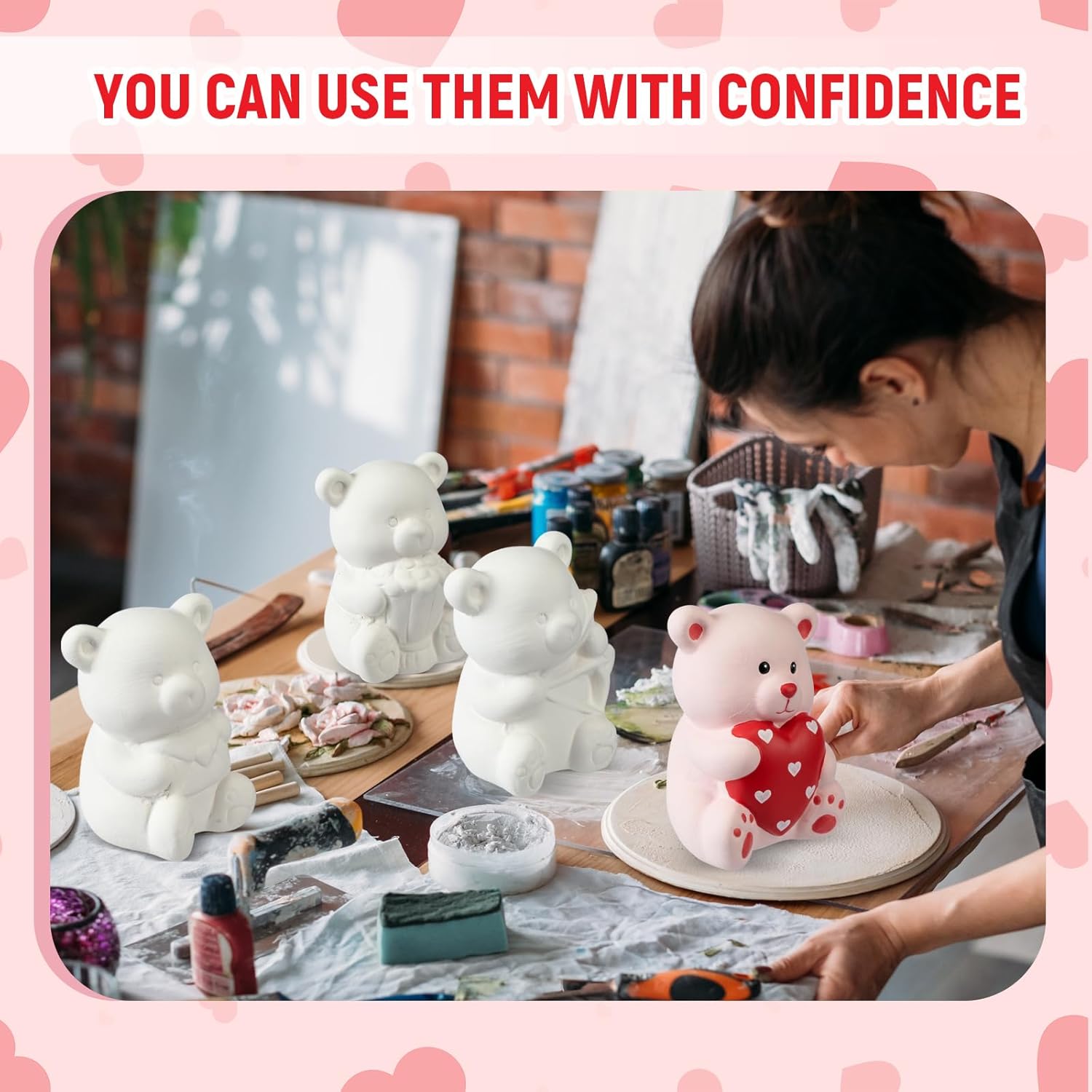 Jenaai 12 Pcs Paint Your Own Ceramic Bear Paint Craft Set Unpainted Ceramic Bears, Birthday Valentines Gifts,4 Styles