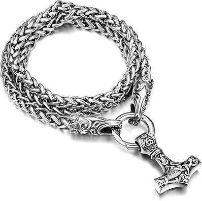FaithHeart Men Punk Norse Viking Necklace Chunky Necklace, Stainless Steel Mjolnir/Celtic Knot Wolf Head Chain Pendant Amulet Jewelry Gift Packaging