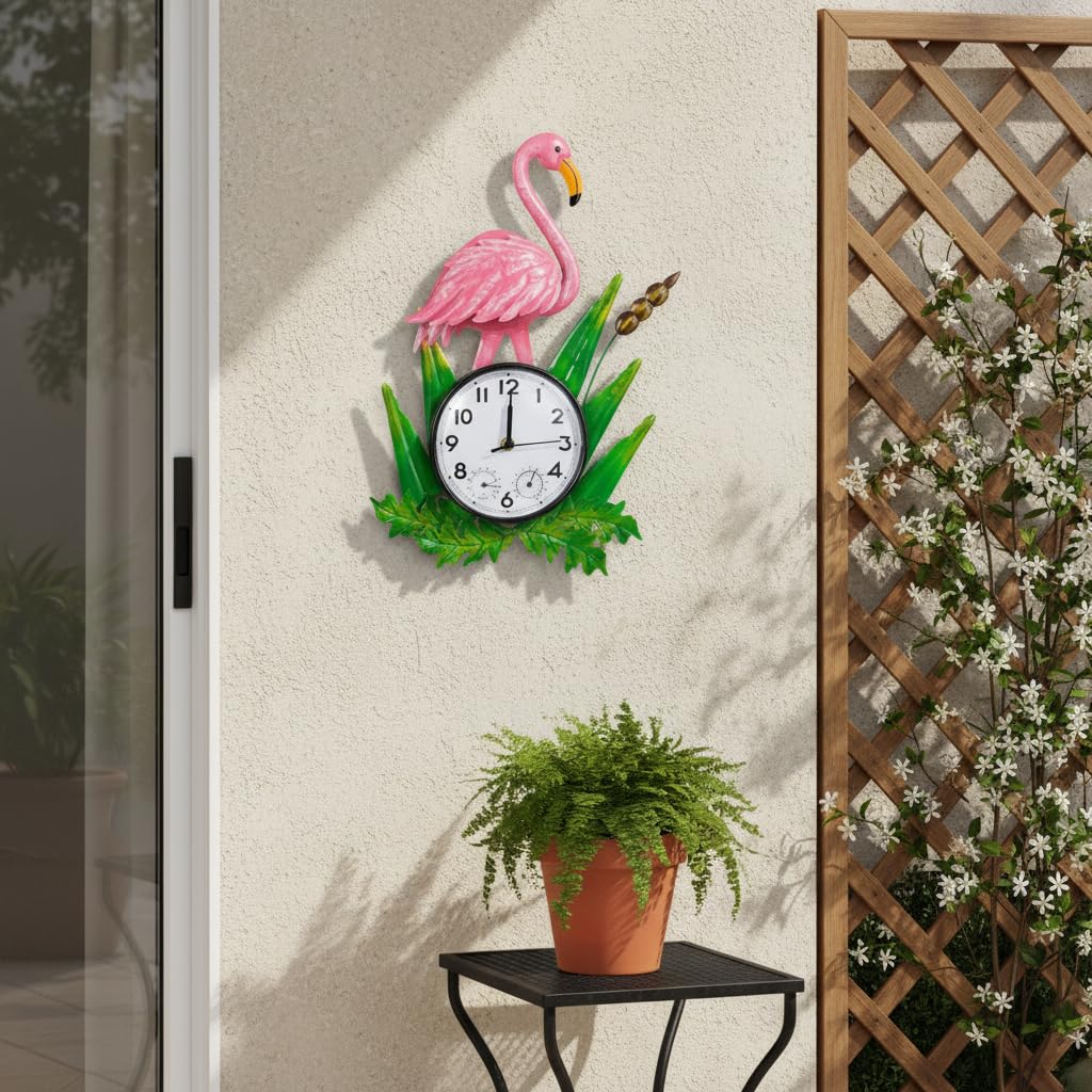 Reloj de pared silencioso con diseño de flamenco para exteriores, con termómetro y humedad, de cuarzo, impermeable, decoración para patio, jardín, sala de estar (rosa)