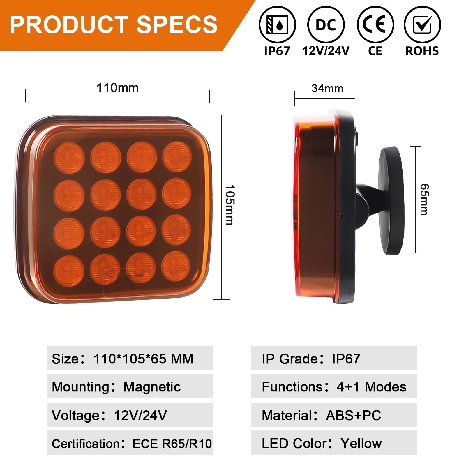 luz emergencia coche LED 12V/24V, 5 Modos Luces de Advertencia ámbar Luz estroboscópica de Emergencia IP67 Aprobación E-Mark Impermeable