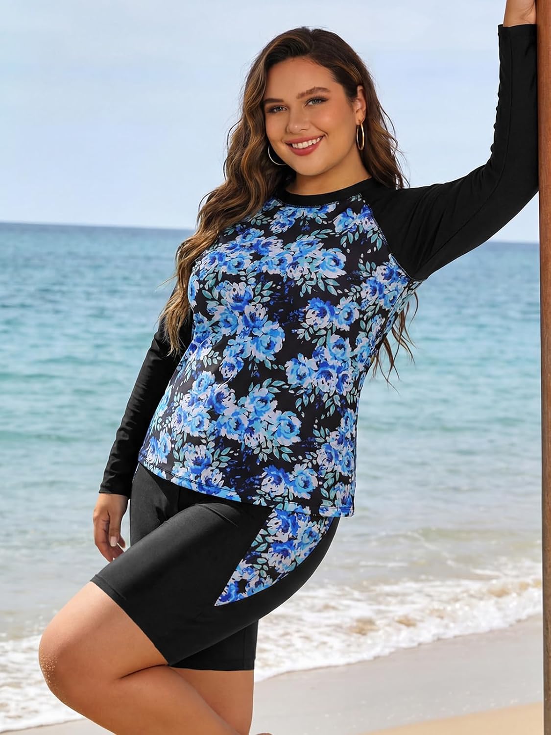 SHEKINI Women's Plus Size Two Piece Rash Guard Long Sleeve Swimsuit Shirt with Build in Bra & Boyshort