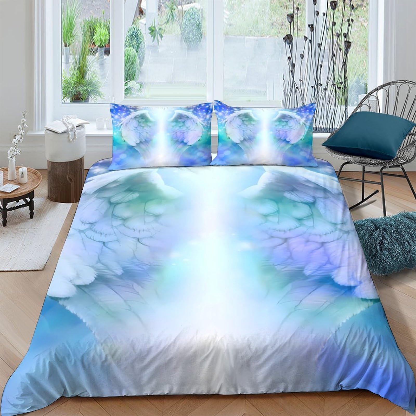 TUFRTGYHN 3D Printed Angel Wings Duvet Cover Microfiber Soft Breathable Light Aura Bedding Set with 2 Pillowcases for Bedroom Decor Single（135x200cm）