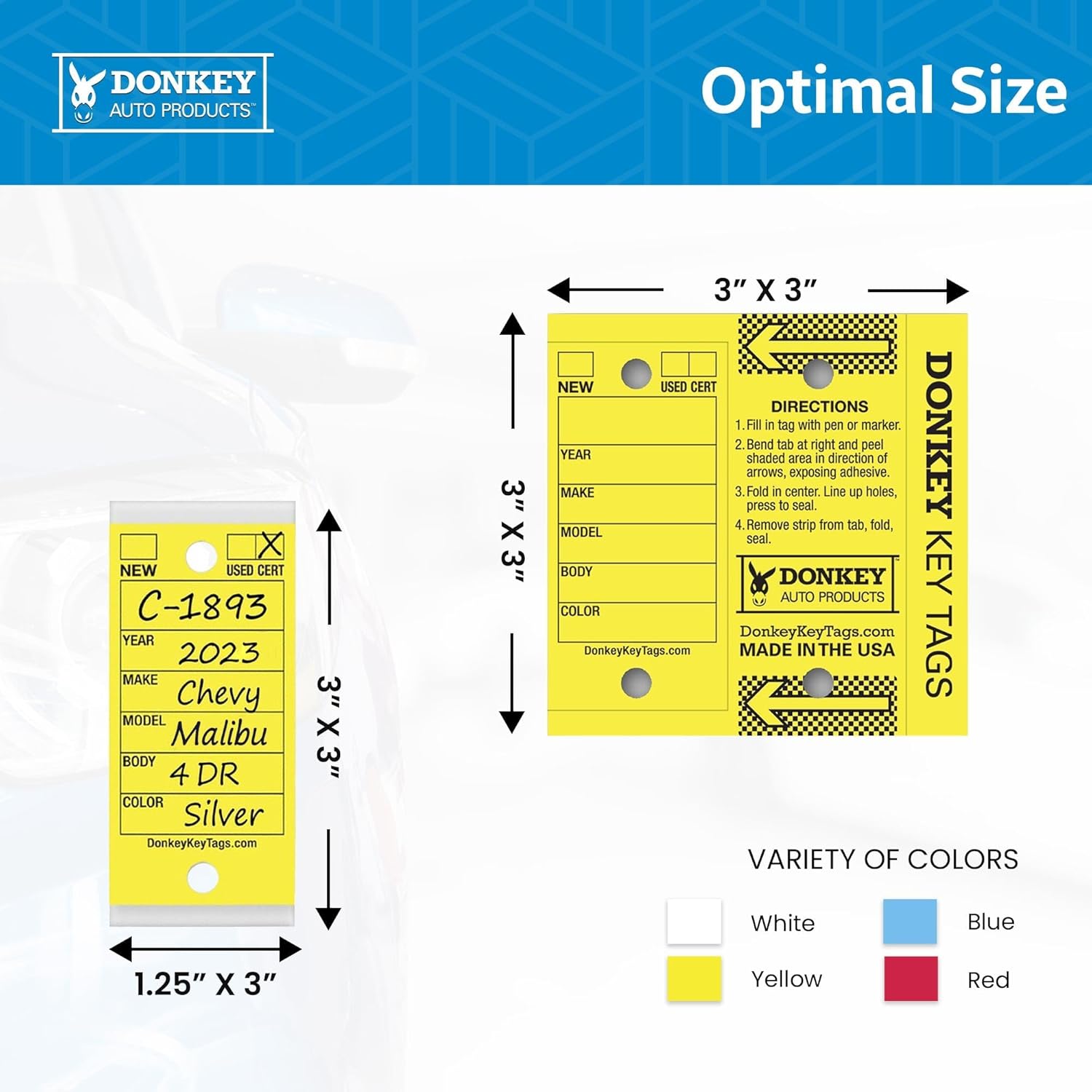 Donkey Key Tags, Laminated Self-Protecting (250 Tags Per Box with Metal Rings) (Yellow)