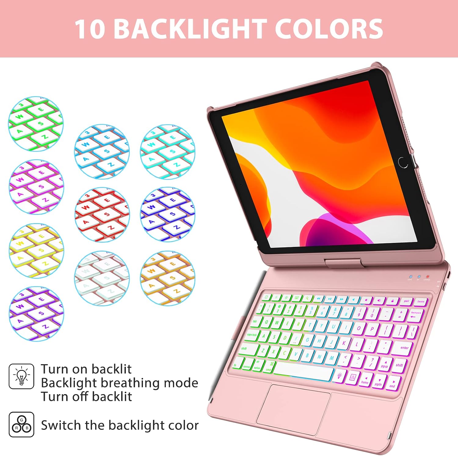 aMZCaSE Keyboard Case for iPad 9th/8th/7th Generation(10.2",2021),10 Color Backlight,360° Slim Cover Bundle with Pencil for Apple ipad(Pen Compatible with 2018-2024)