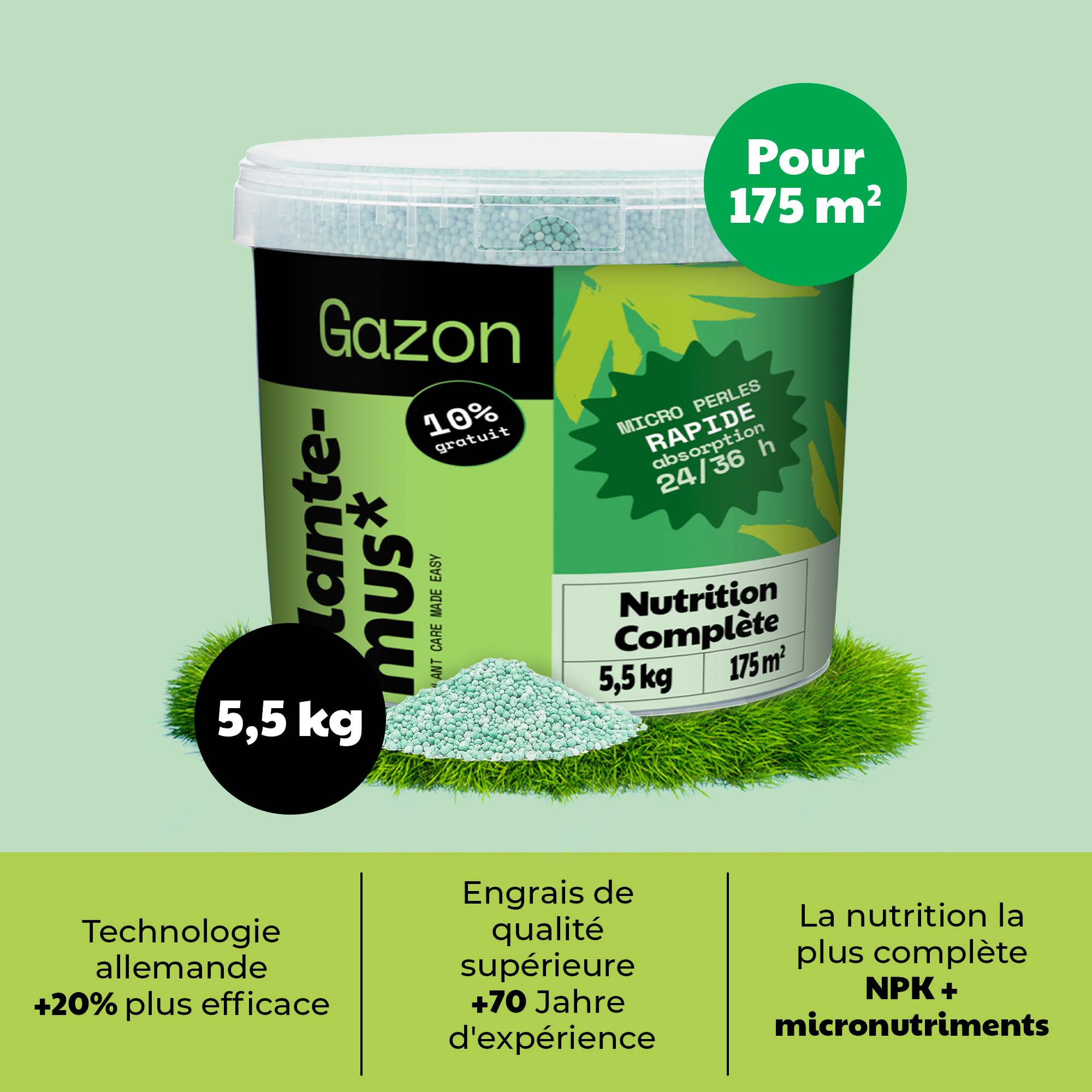 PLANTEMUS Engrais Gazon NPK (12-11-18) Automne/Hiver - Pelouse Vert, Dense et Durable, Fertilisant Granulé en Perles Ultrasolubles (5,5kg)