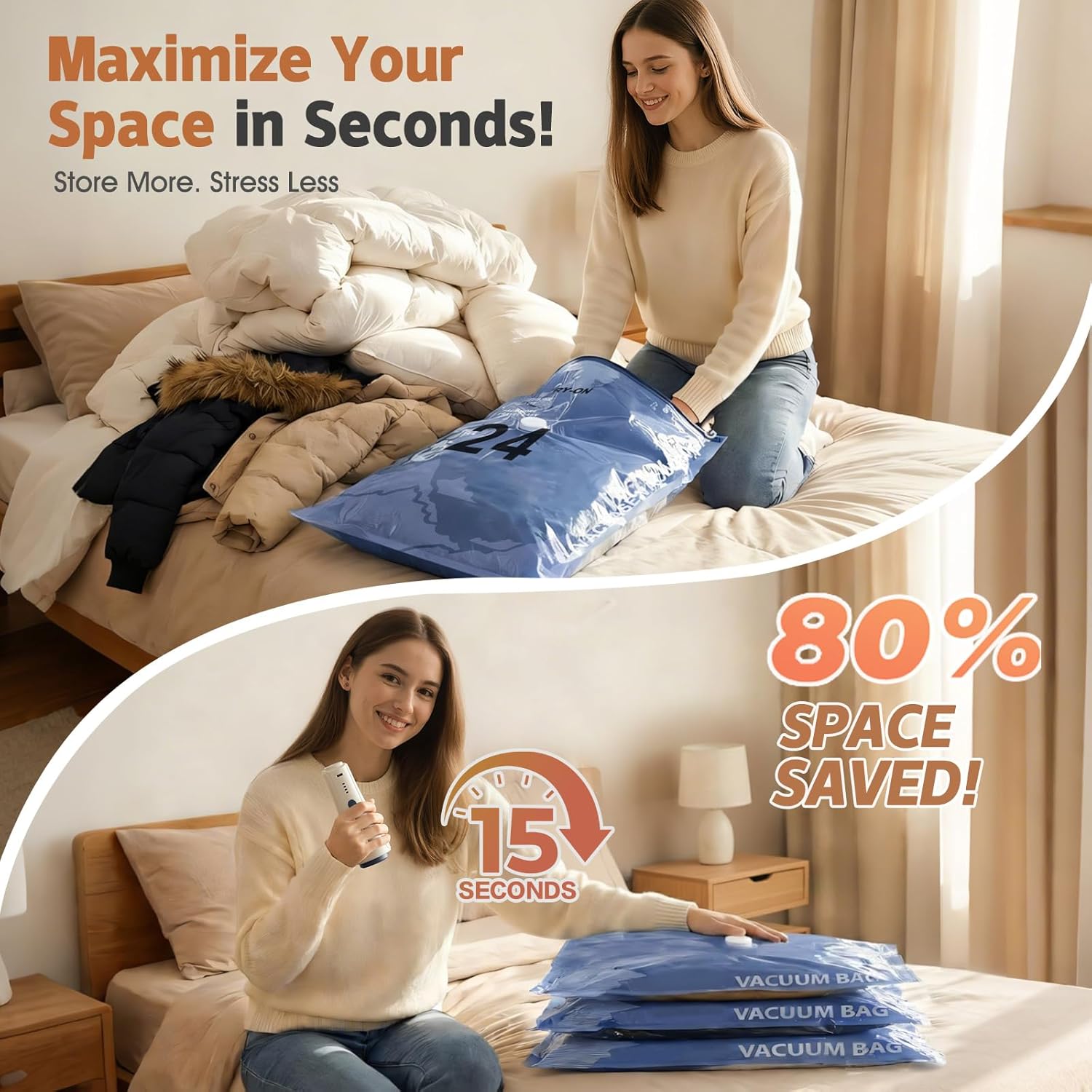 QcoQce Wireless Vacuum Storage Bags with Pump, 17-Pack (3 L/6 M/6 S/2 Bonus),Space Saving Bags for Travel, Moving & Home Organization,Compression Packing Cubes for Suitcase, Closet & Cruise Must Haves