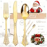 WDF 120PCS Gold Plastic Silverware - Heavy Duty Gold Plastic Cutlery Set Disposable Utensils - 40 Forks, 40 Spoons, 40 Knives, Perfect for Thanksgiving Party/Weeding and Daily Use
