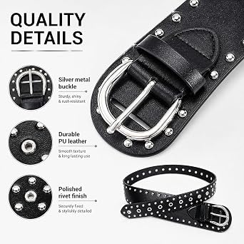 QCWN Y2K Studded Belt PU Leather Punk Goth Emo Belts Chunky for Jeans Pants Dresses Fits waist size: 29 - 33