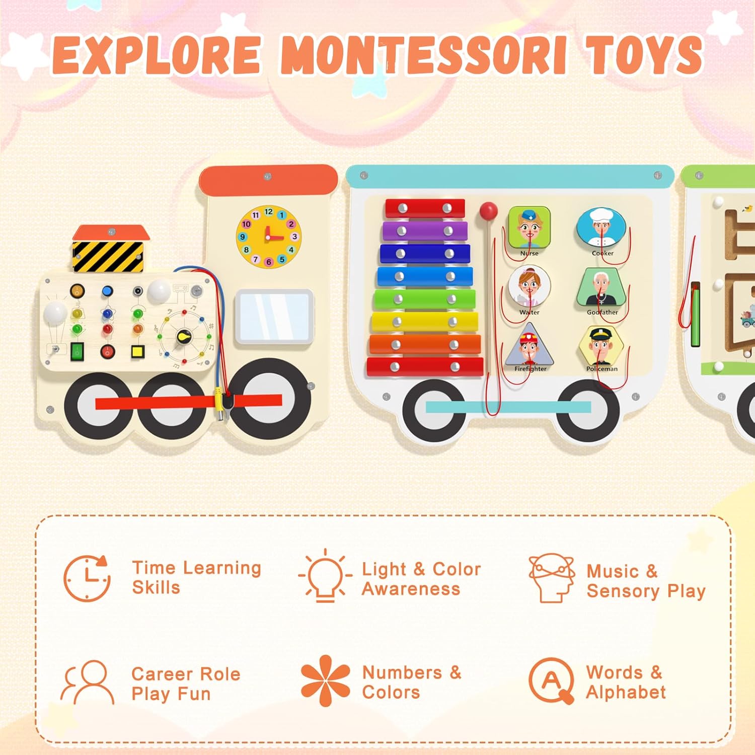 Montessori Sensory Board - Electric Train Wooden Wall Busy Board, Toddler Learning Panel Wall-Mounted, Educational Toys for 3-6 Years, Interactive Playroom Activity Gifts for Kid