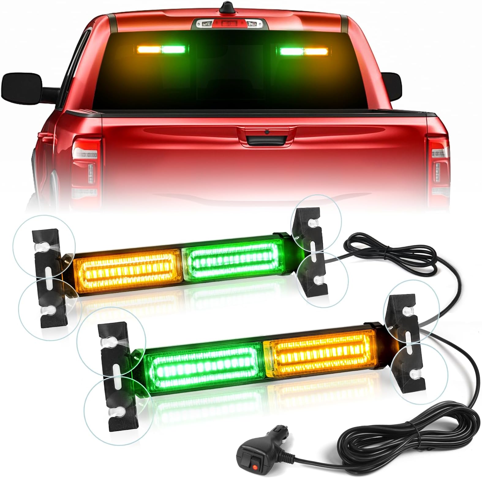 HLauto 1002L Emergency Strobe Traffic Advisor Light Bar: 40 LED Dash Safety Warning Flashing Light, Front/Rear Windshield Visor for Construction Vehicle, Tow/Plow Truck (2x10.7inch, Amber Green)