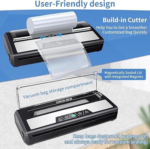 Miniatura 5 de Máquina selladora al vacío, máquina selladora de alimentos 80KPA automática para ahorrar alimentos, modo secohúmedo con cortador integrado y