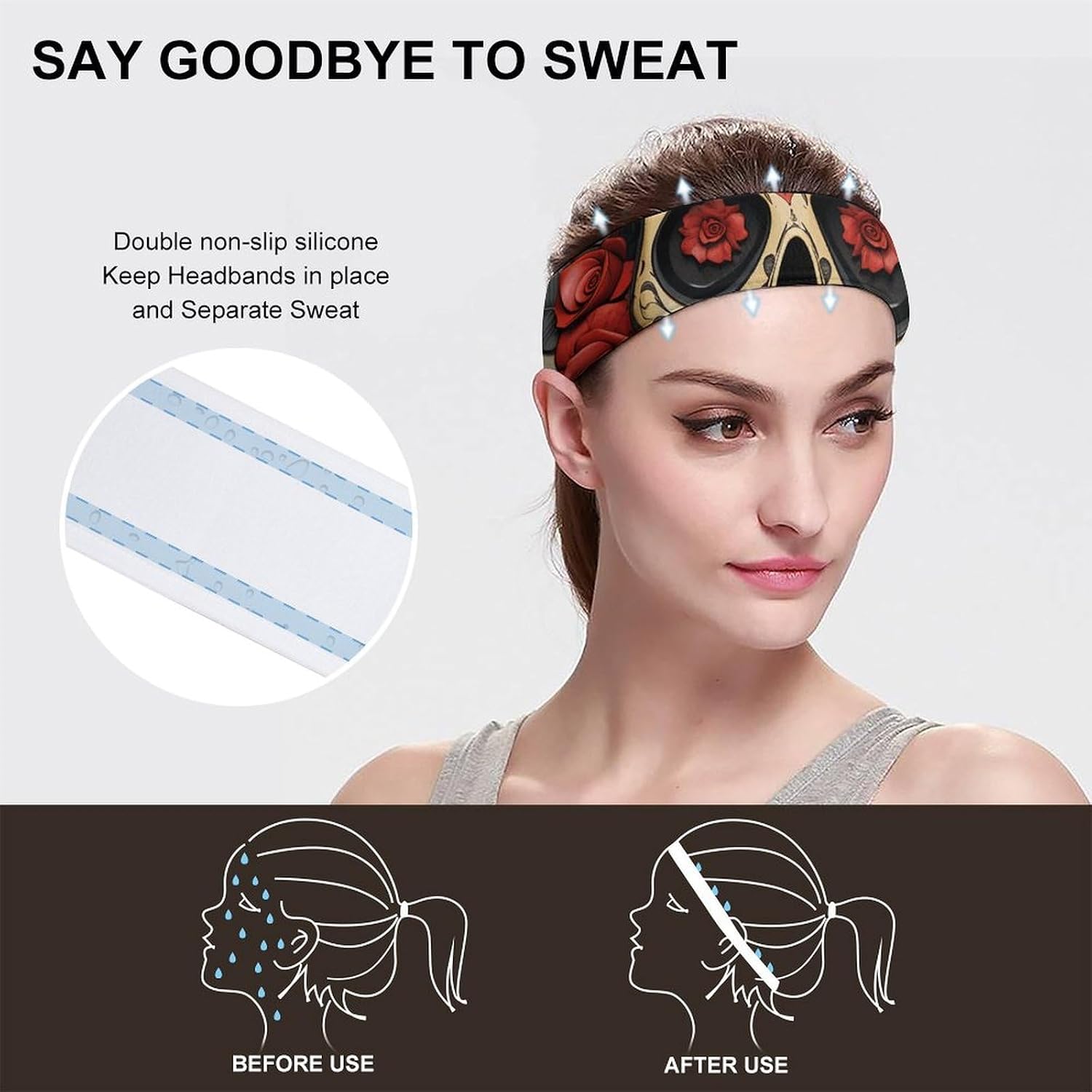 Red Rose Sugar Skull Running Headbands for Women, Breathable Sweat Band for Men, Moisture Wicking Hair Bands for Workout, Stretchy Head Band for Sports, Washing Face, Workouts