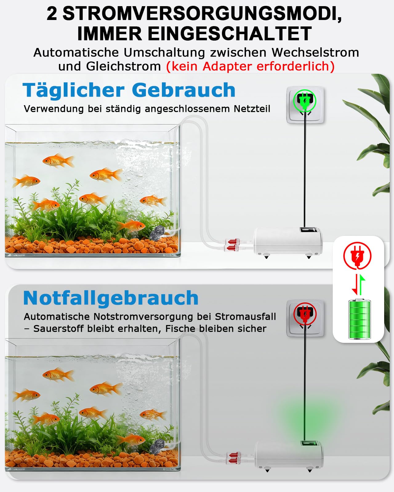 Aquarium Luftpumpe: USB Aquarium Luftpumpe Regelbar, 2600mAh Batterie, Zwei Stromversorgungsmodi, 1.5-2L/min*2
